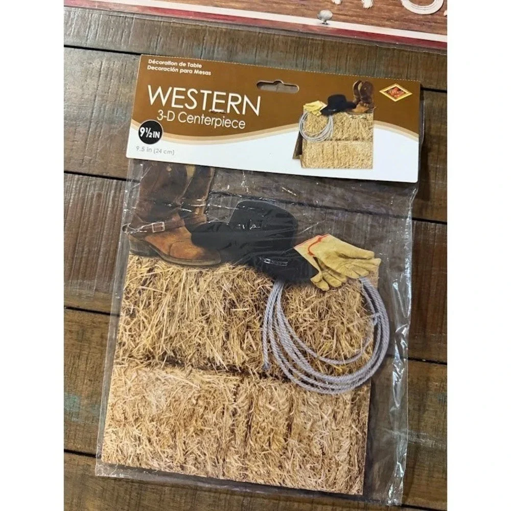 Western Party Decorations 3D Hay Bale Centerpiece & Directional Signs 5pc
